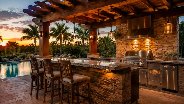 Cocina exterior con pérgola junto a la piscina
