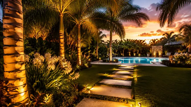 Paisajismo tropical iluminado